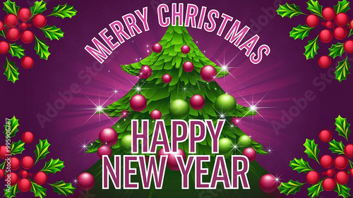 A new year's card with a purple background and a green tree with christmas balls large "Merry Christmas" text at the top and a large "Happy New Year" text at the bottom