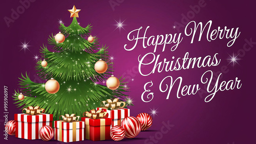 A holiday greeting card with "Happy Merry Christmas & New Year" is written in white cursive script  green Christmas tree with shiny gold ornaments and some gift on purple background