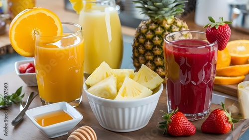 Breakfast juices with orange slices, pineapple chunks, and strawberries