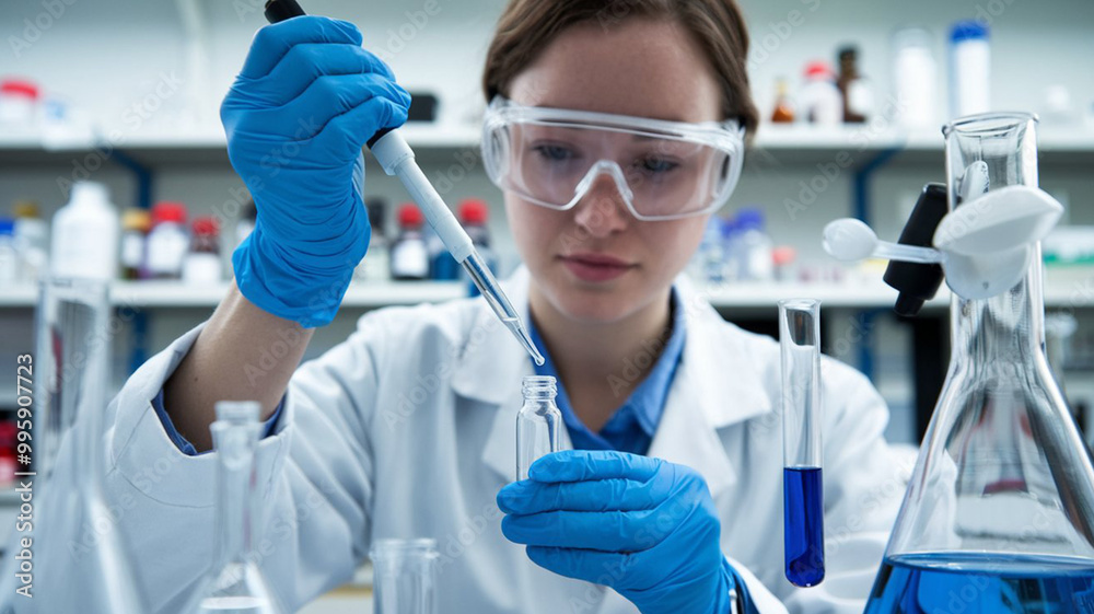 A photo of a woman scientist in a laboratory. She is wearing a lab coat and goggles. She is holding a pipette over a glass vial. There is a test tube with a dropper next to the vial. The background A photo of a woman scientist in a laboratory. She is wearing a lab coat and goggles. She is holding a pipette over a glass vial. There is a test tube with a dropper next to the vial. The background