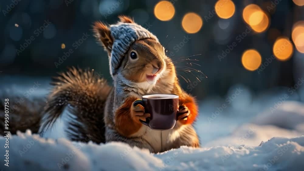 Cheerful squirrel drinks warm cocoa in forest against backdrop of lights	