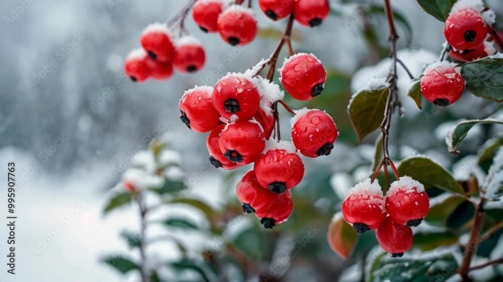 Red winter berry ripened in cold against backdrop of snowy landscape Red winter berry ripened in cold against backdrop of snowy landscape