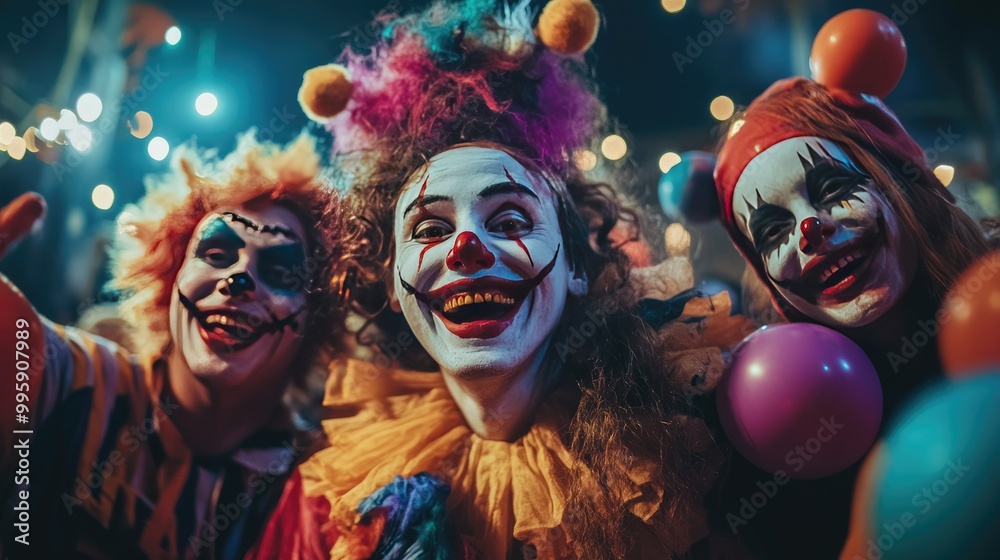 Colorful clowns, jesters, and fairytale characters at a Halloween party, smiling brightly but with a dark, eerie undertone in their expressions. Colorful clowns, jesters, and fairytale characters at a Halloween party, smiling brightly but with a dark, eerie undertone in their expressions.