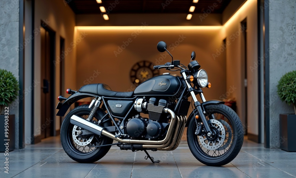 A black motorcycle is parked in the garage with a wall clock A black motorcycle is parked in the garage with a wall clock