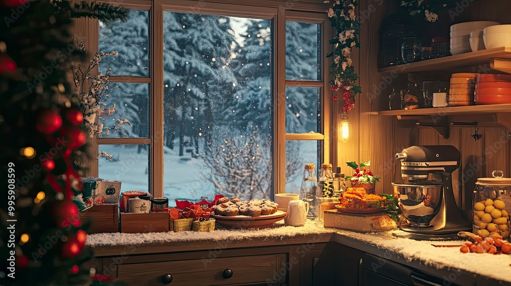 A cozy corner of a kitchen with holiday treats, a window displaying a snowy scene outside. A cozy corner of a kitchen with holiday treats, a window displaying a snowy scene outside.