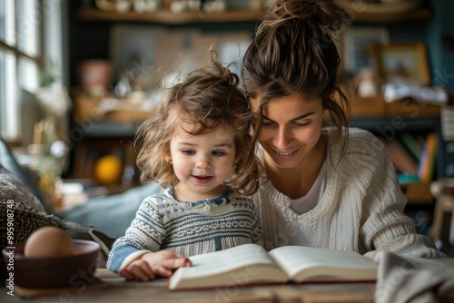 Mother and Child Reading Book Together in Cozy Home Environment