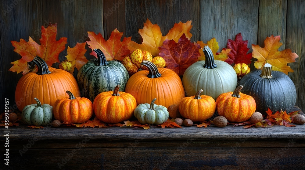 colorful display of pumpkins and leaves on wooden background. autumn still life, harvest-themed décor, pumpkin and foliage arrangement colorful display of pumpkins and leaves on wooden background. autumn still life, harvest-themed décor, pumpkin and foliage arrangement