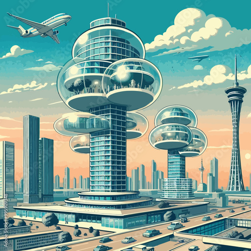 Floating skyscrapers with bubble illusration