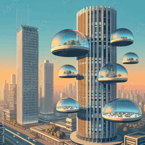 Floating skyscrapers with bubble illusration