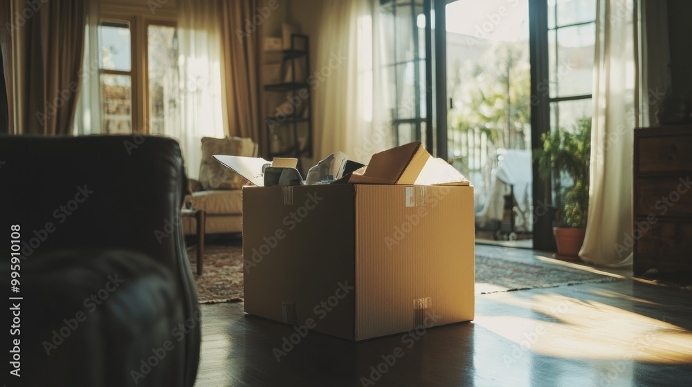 A large cardboard box being opened in a new home, with items scattered around, representing a moving day. A large cardboard box being opened in a new home, with items scattered around, representing a moving day.