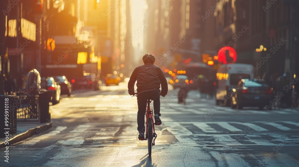 Obraz premium Bicyclist riding through vibrant city street. Urban cycling adventure through vibrant city streets