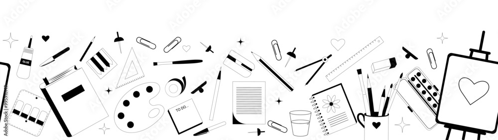 Stationary, science or back to school vector long graphic background or banner with ruler, paper, clip, stickers, compass for drawing, headphone, pencil, canvas, tape, paint, to do list and pins.
Stationary, science or back to school vector long graphic background or banner with ruler, paper, clip, stickers, compass for drawing, headphone, pencil, canvas, tape, paint, to do list and pins.