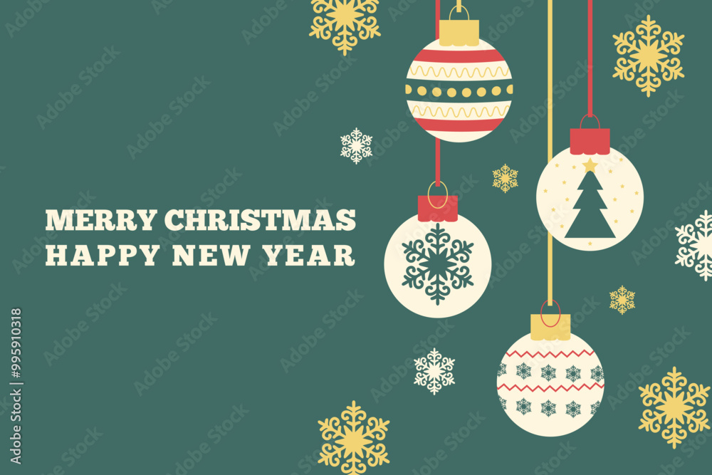 Naklejka premium Merry Christmas and New Year poster, a greeting card. Festive design with Christmas balls or snowflakes. Vector template for a holiday cover.