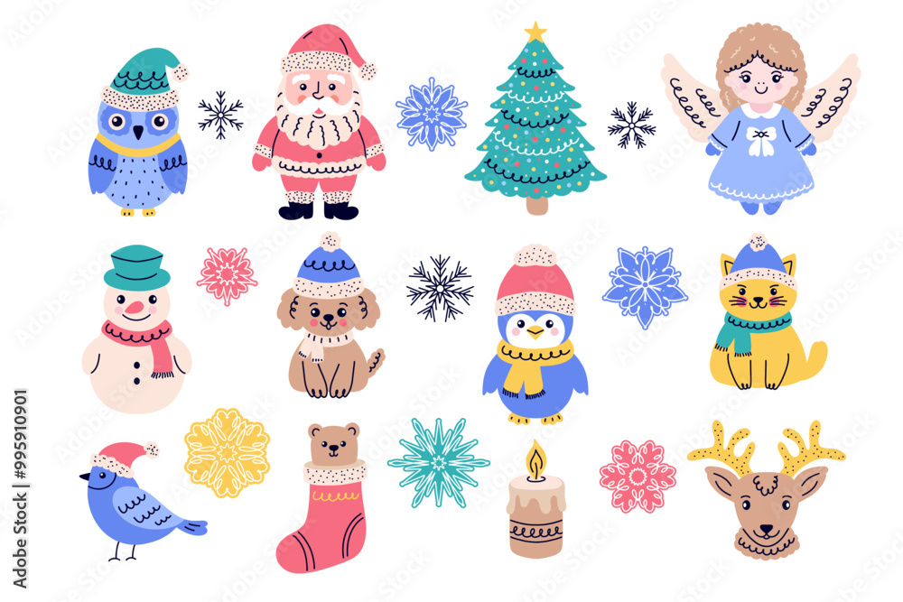 Fototapeta premium Сollection of characters to celebrate Christmas in a simple doodle style.