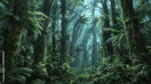 The bright sun is shining beautifully through the trees in the jungle