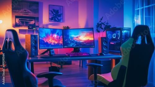 Cozy gaming station with dual screens, vibrant LED lights, a colorful chair, and top-tier speakers, in a modern, minimalist room.