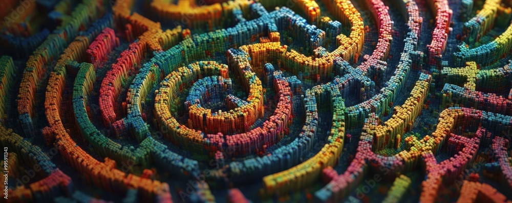 Vibrant abstract maze with colorful patterns. An intricate design highlighting texture and creativity, perfect for artistic projects.