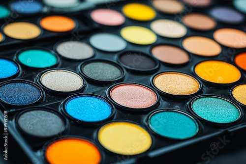 Vibrant multicolored eyeshadow palette arranged in circular pans featuring bright yellow orange and teal tones ideal for bold and creative makeup looks in beauty and fashion photography