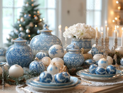 Stunning Hanukkah decorations pictures showcasing festive blue and white decor with stars, menorahs, and dreidels photo