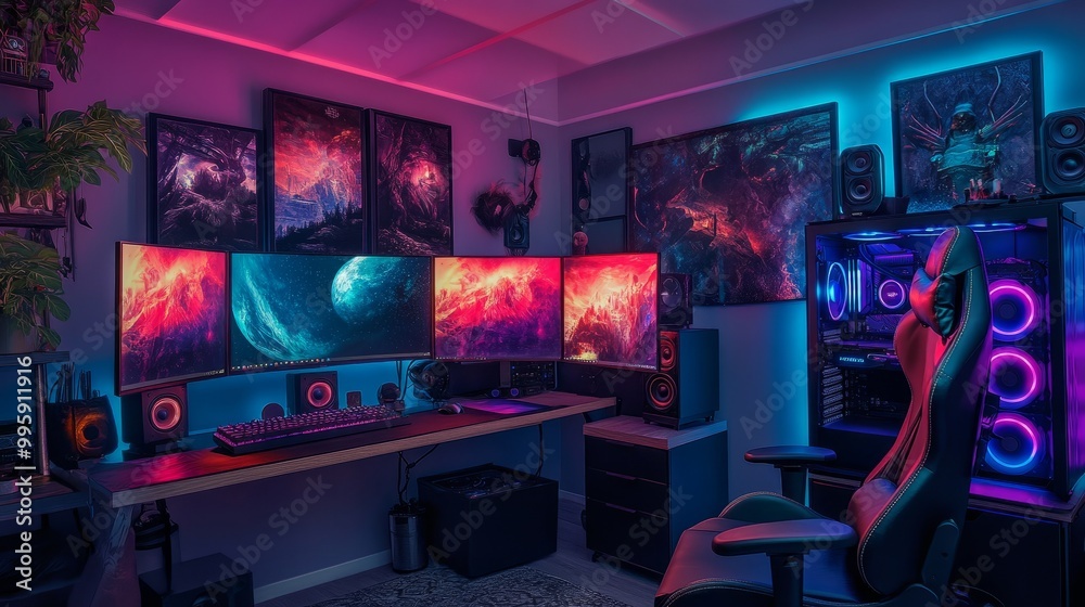 Dual-monitor gaming setup with a stylish RGB chair, LED lighting, and top-tier audio speakers for an immersive experience. Dual-monitor gaming setup with a stylish RGB chair, LED lighting, and top-tier audio speakers for an immersive experience.
