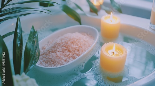 Relaxing bath with salt, soft candles, and soothing plants creating a tranquil spa atmosphere for self-care and wellness. photo