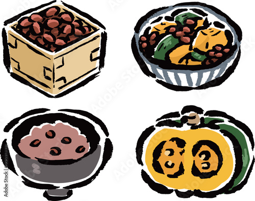 小豆とかぼちゃ・いとこ煮・小豆粥（冬至）　筆タッチイラスト