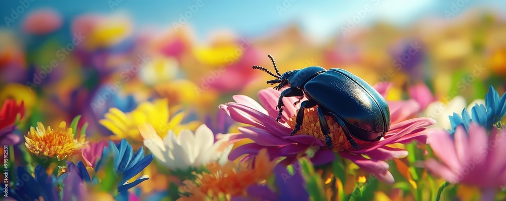 A close-up of a beetle resting on vibrant flowers, showcasing the ...