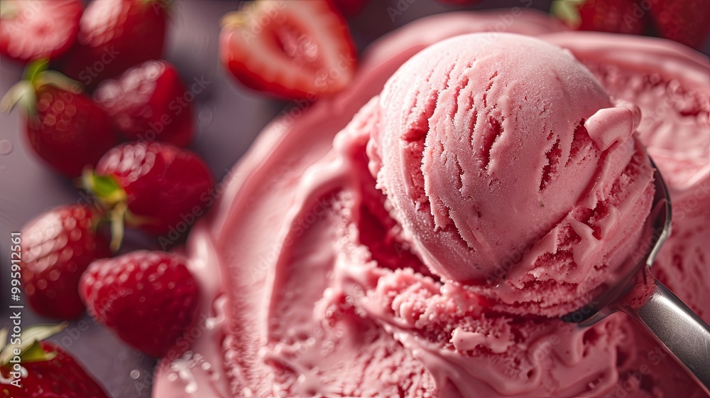 close-up highlighting a scoop of red strawberry ice cream close-up highlighting a scoop of red strawberry ice cream