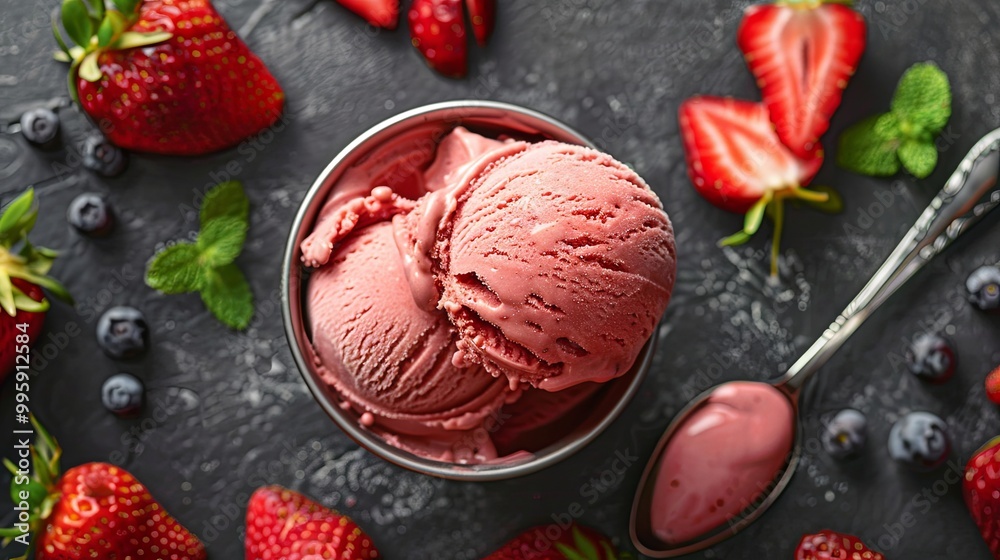 close-up highlighting a scoop of red strawberry ice cream close-up highlighting a scoop of red strawberry ice cream