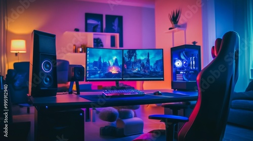 Inviting gaming corner featuring dual monitors, glowing LED strips, a bold chair, and top-tier speakers, set in a minimalist space.