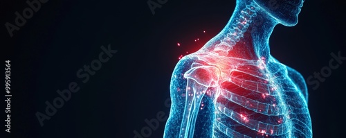 A detailed representation of the human shoulder anatomy highlighting pain points in a vibrant, futuristic style. photo