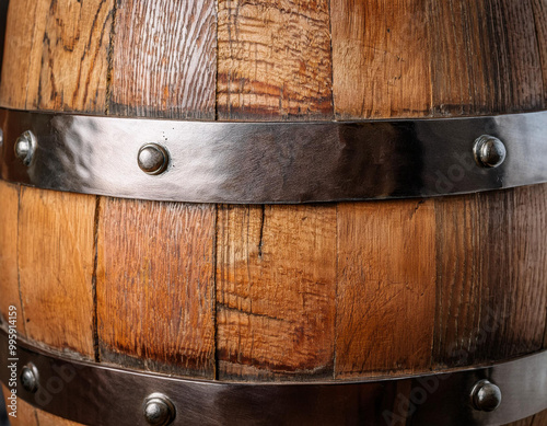 Close-Up of an Oak Barrel with Wooden Staves and Metal Bands