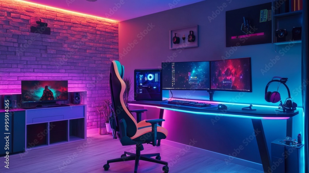 Stylish gaming area with dual monitors, vibrant LED strips, a colorful chair, and premium audio for an immersive and inviting space. Stylish gaming area with dual monitors, vibrant LED strips, a colorful chair, and premium audio for an immersive and inviting space.