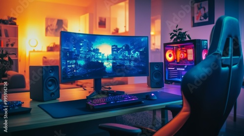 Ultimate gaming setup with two monitors, colorful LED lighting, a bold gaming chair, and state-of-the-art audio speakers.