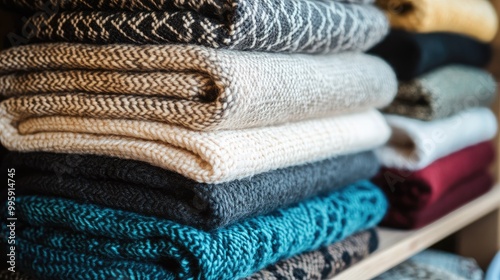 A stack of neatly folded blankets in various colors and textures, displayed on a wooden shelf, representing home decor.