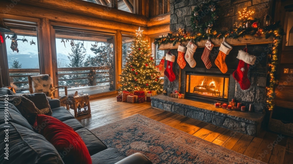 A cozy living room with a roaring fireplace, stockings hung on the mantle, and a Christmas tree adorned with twinkling lights. A cozy living room with a roaring fireplace, stockings hung on the mantle, and a Christmas tree adorned with twinkling lights.