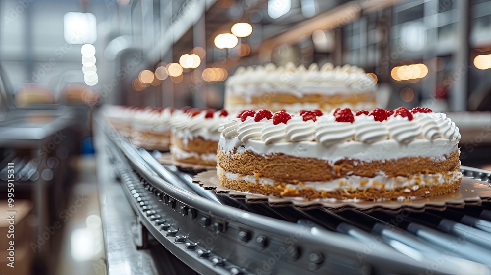 conveyor belt with cake in a food factory conveyor belt with cake in a food factory
