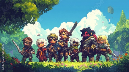 A group of pixelated adventurers standing in a grassy meadow.