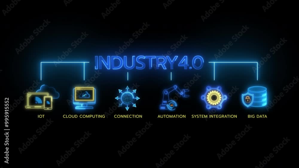 Glowing neon line banner of INDUSTRY 4.0 concept with icons of internet of thing, cloud computing, connection, automation, system integration and big data isolated on transparent background. Glowing neon line banner of INDUSTRY 4.0 concept with icons of internet of thing, cloud computing, connection, automation, system integration and big data isolated on transparent background.