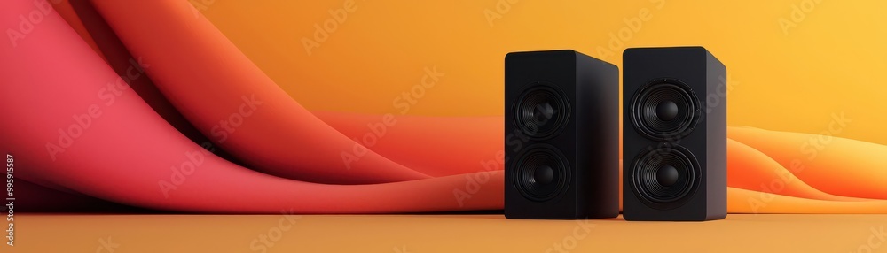 Colorful sound waves surround three modern speakers, creating a vibrant atmosphere perfect for music promotions or audio projects