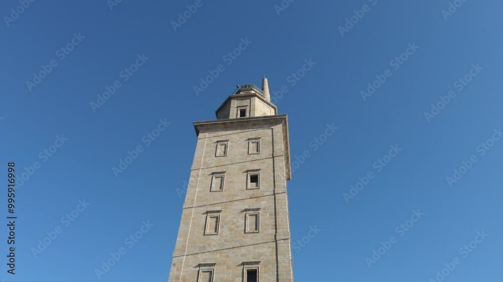 Hercules Tower standing tall against a clear blue sky in A Coruña, Spain, viewed from below Hercules Tower standing tall against a clear blue sky in A Coruña, Spain, viewed from below