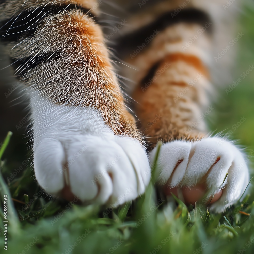 Obraz premium Close-up of a cat's paws resting on lush green grass, showcasing the unique patterns and textures of feline fur.