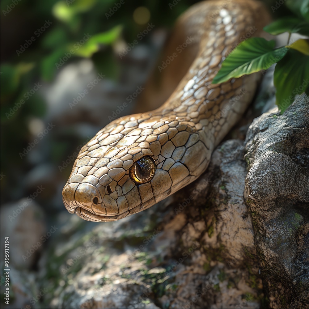 Obraz premium Close-up of a beautiful snake resting on a rock, surrounded by lush green leaves, showcasing intricate scales and a piercing gaze.