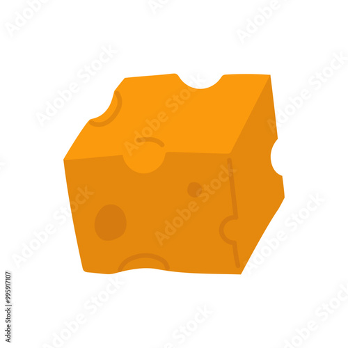A square piece of flat yellow cheese with holes stands sideways. Vector illustration of a porous cube of a dairy product in a flat style. An isolated product on a white background. Flat style