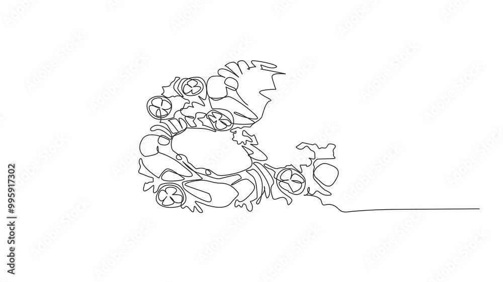 Animation of continuous line drawing two crabs on a square plate. Big size, satisfied when eating it. Spicy. Very tasty. National Crab Meat Day. Single line self drawing animated. Full length motion Animation of continuous line drawing two crabs on a square plate. Big size, satisfied when eating it. Spicy. Very tasty. National Crab Meat Day. Single line self drawing animated. Full length motion