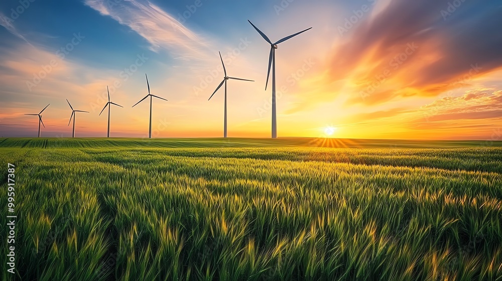 Breathtaking sunset over a green field adorned with wind turbines, showcasing the beauty of renewable energy and nature. Breathtaking sunset over a green field adorned with wind turbines, showcasing the beauty of renewable energy and nature.