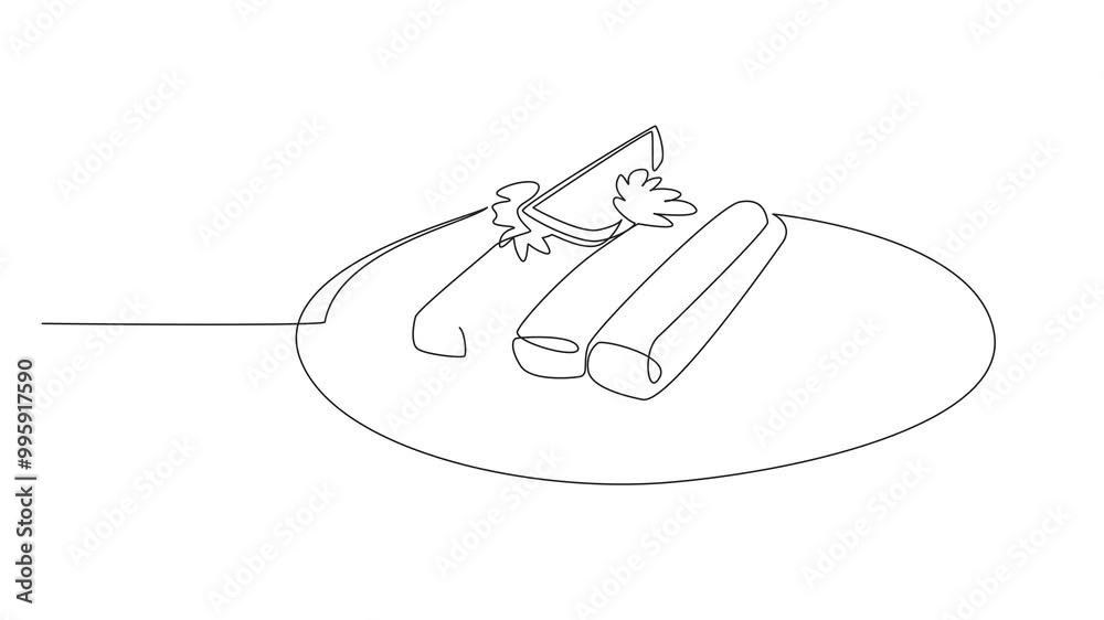 Self drawing animation of single one line drawing stack of surimi on a round plate. Serving crab meat dishes easily. Lemon slices add flavor. Delicious. National Crab Meat Day. Full length animated Self drawing animation of single one line drawing stack of surimi on a round plate. Serving crab meat dishes easily. Lemon slices add flavor. Delicious. National Crab Meat Day. Full length animated