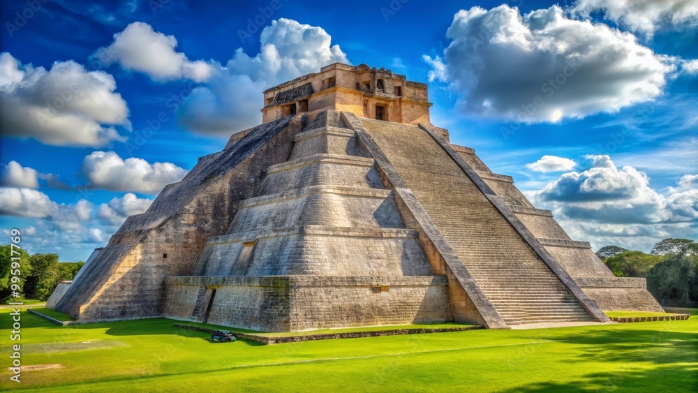 The chichen itza pyramid is casting a long shadow in the late afternoon sun, while tourists admire its impressive architecture The chichen itza pyramid is casting a long shadow in the late afternoon sun, while tourists admire its impressive architecture