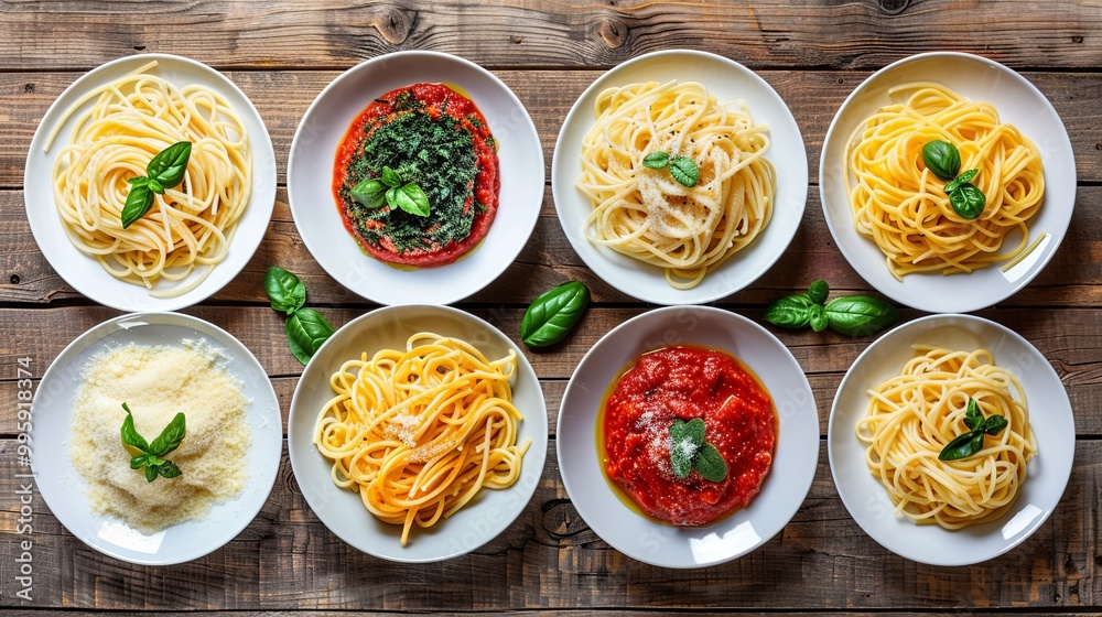 Various plates of pasta topped with different sauces on a wooden background, viewed from above. A representation of Italian cuisine Various plates of pasta topped with different sauces on a wooden background, viewed from above. A representation of Italian cuisine