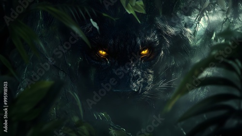 26. A savage beast lurking in a dense forest, eyes glowing in the shadows photo